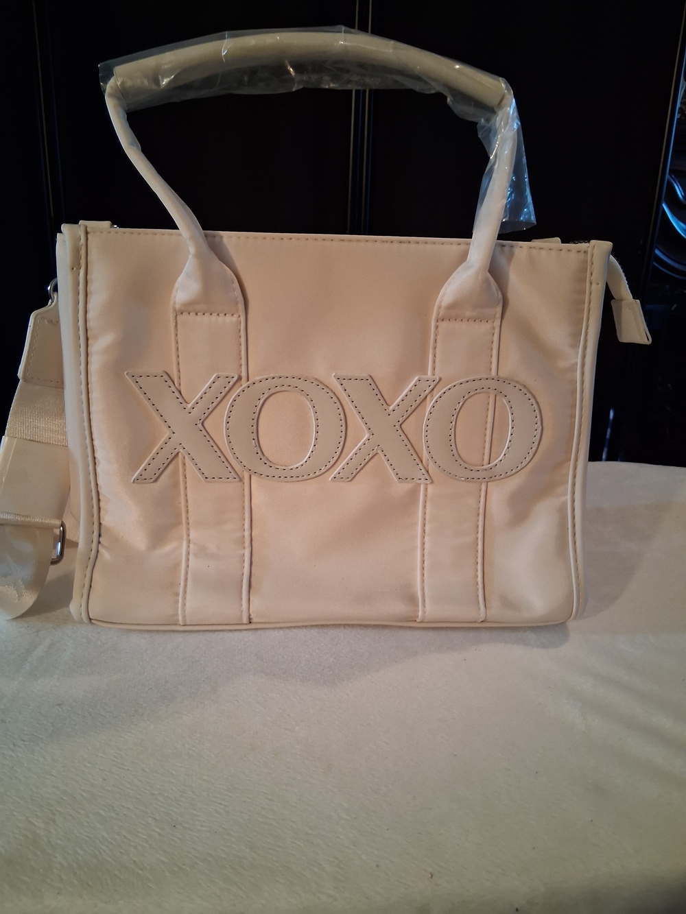 XOXO Cream Structured Tote with Embroidered Logo